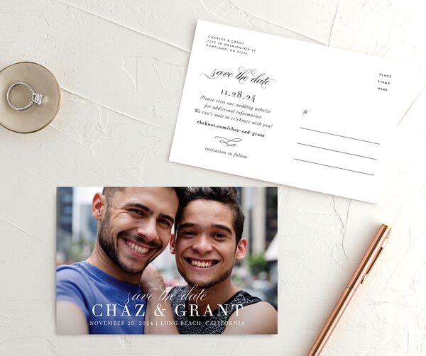 Delicate Type Save The Date Postcards front-and-back in White