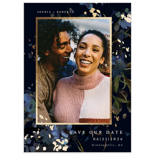 Midnight Floral Save The Date Cards Gold Navy Signature smooth No