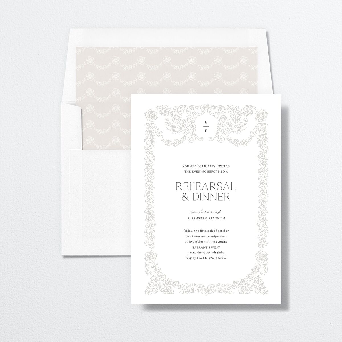 Baroque Border Rehearsal Dinner Invitations Pure White Signature