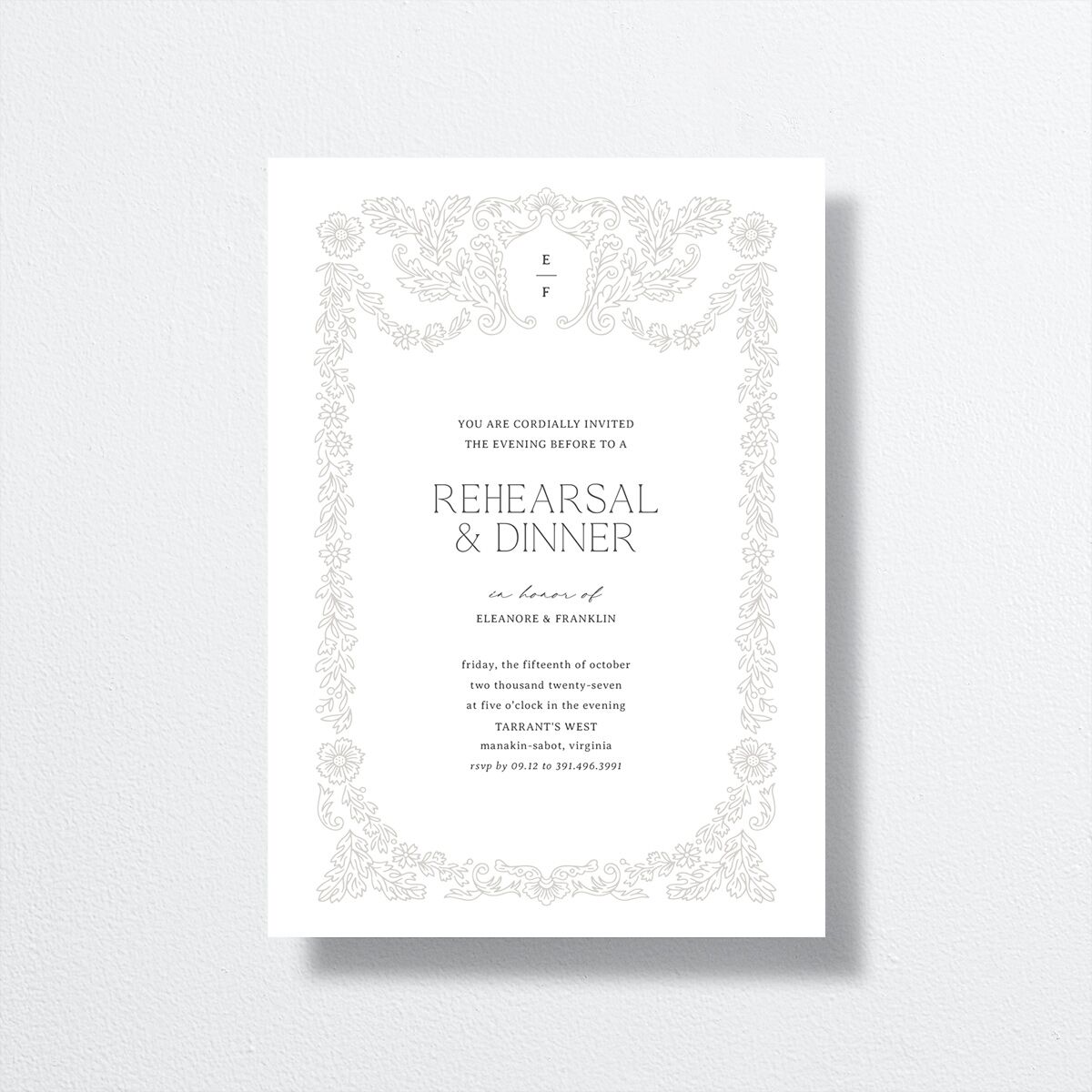 Baroque Border Rehearsal Dinner Invitations Pure White Signature
