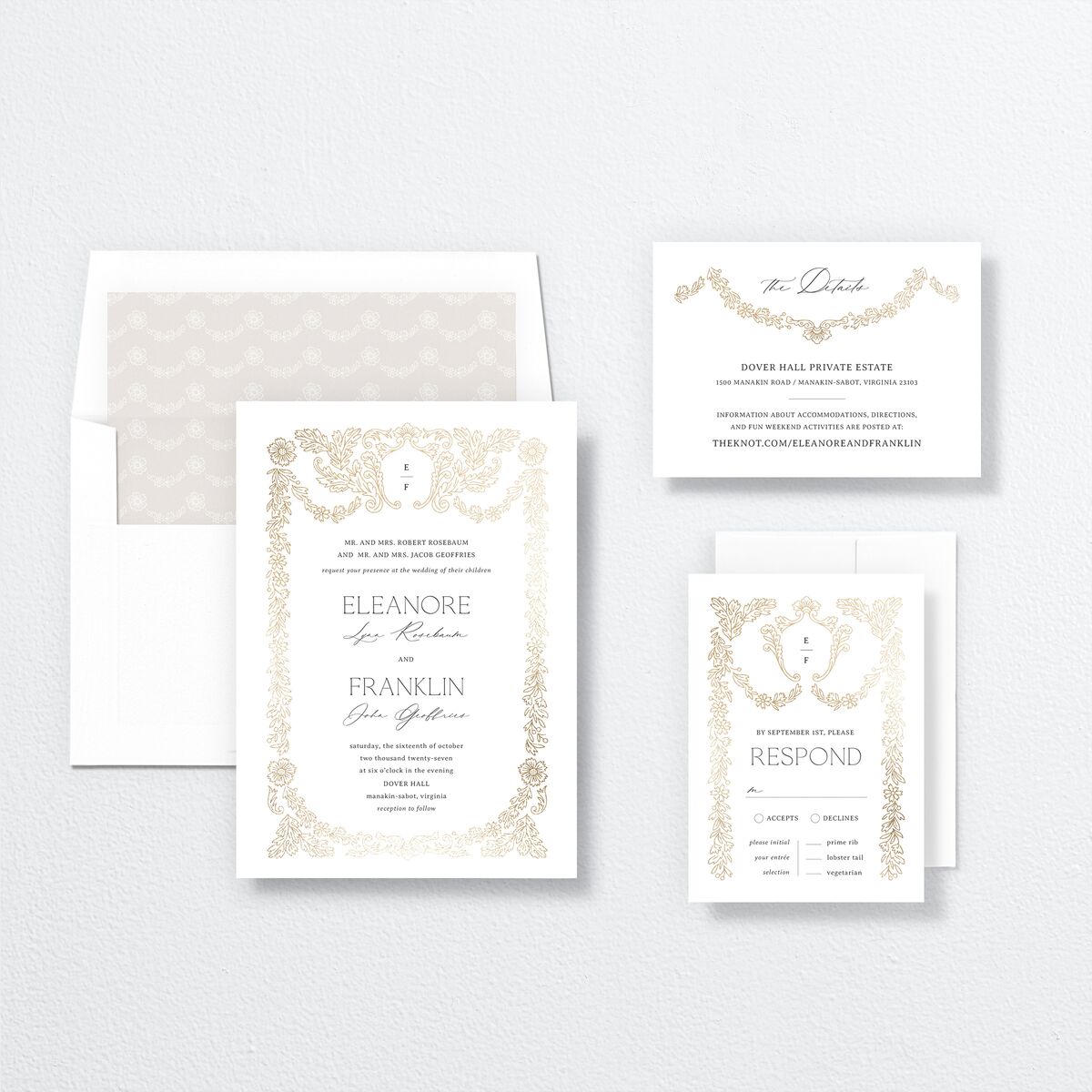 Baroque Border Wedding Invitations Gold Pure White Signature No