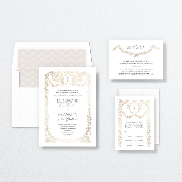 Baroque Border Wedding Invitations Gold Pure White Signature No