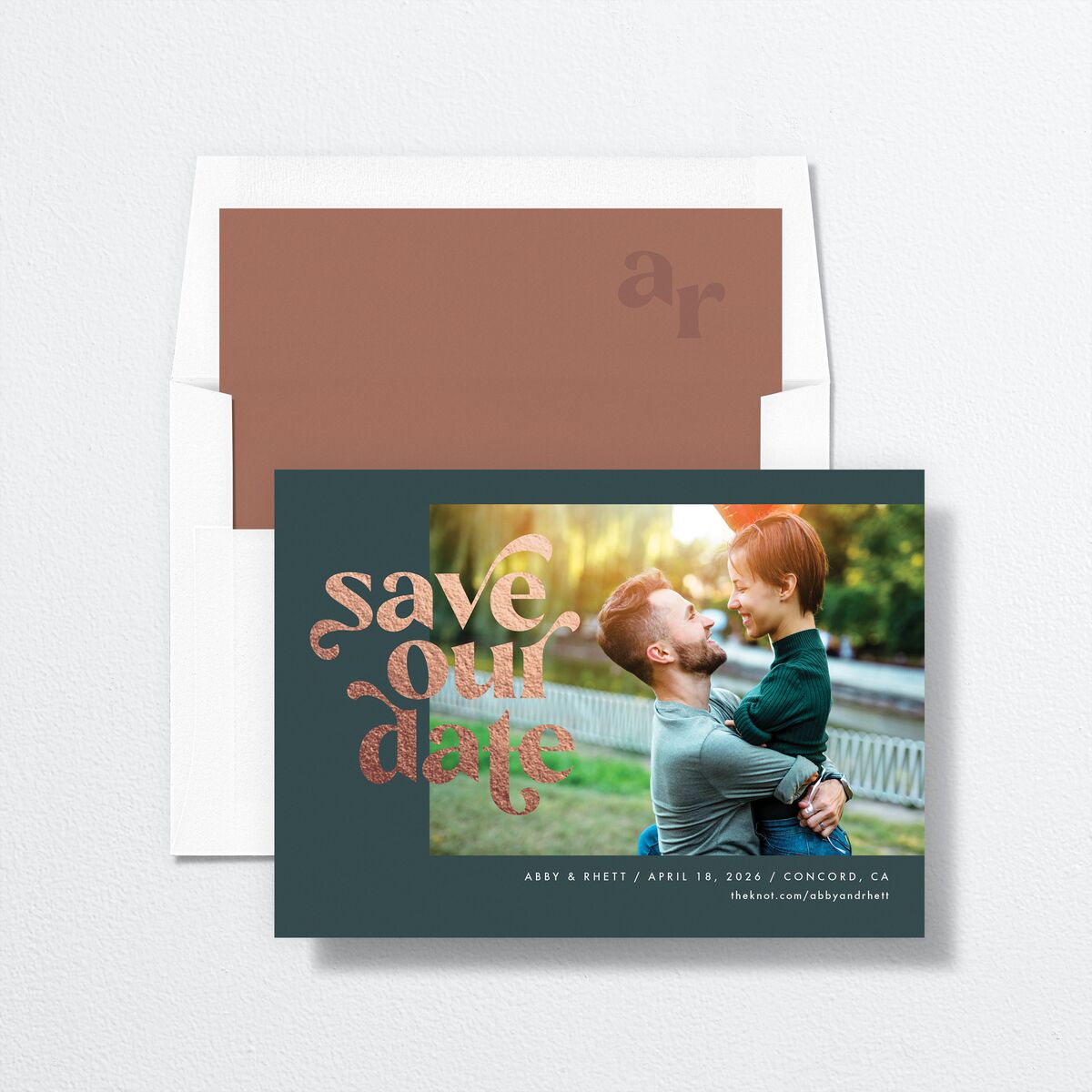 Save Our Date Save The Date Cards Rose Gold Dark Emerald Signature smooth No