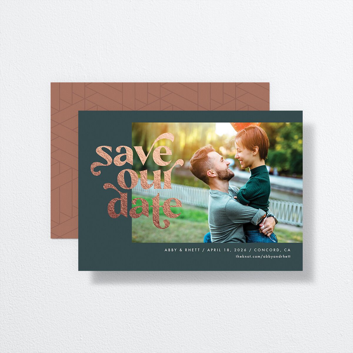 Save Our Date Save The Date Cards Rose Gold Dark Emerald Signature smooth No