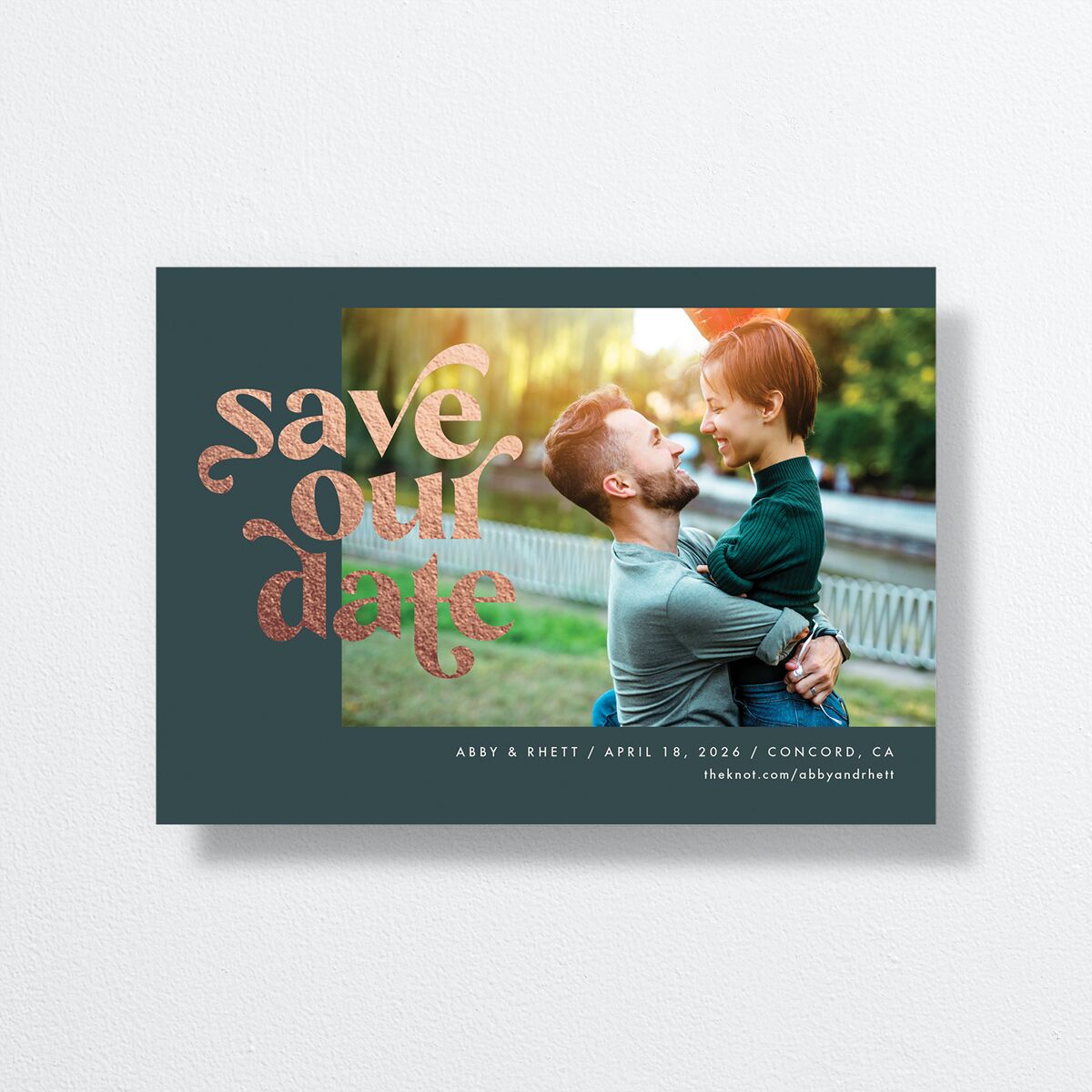 Save Our Date Save The Date Cards Rose Gold Dark Emerald Signature smooth No