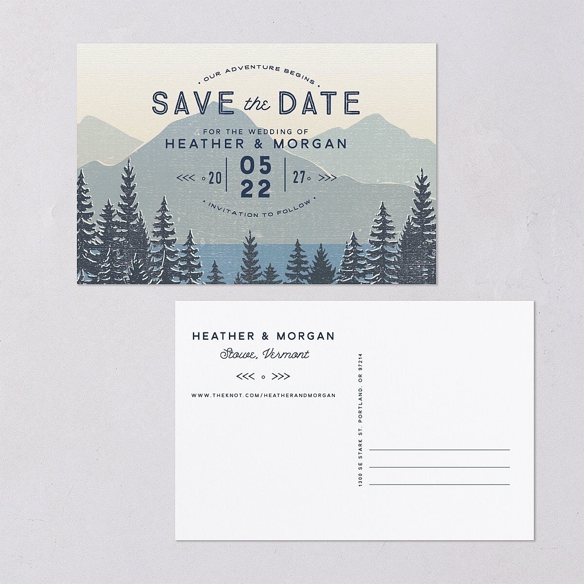 Vintage Mountain Save The Date Postcards Dusty Blue