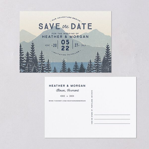 Vintage Mountain Save The Date Postcards Dusty Blue