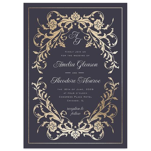 Romantic Vintage Luxury Foil Wedding Invitations Gold Moody Blue Signature Blank No Standard