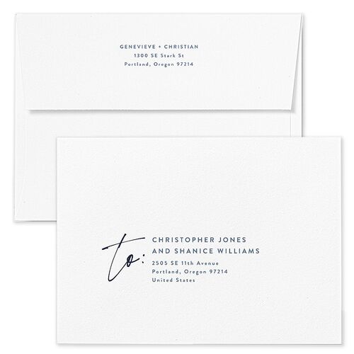 Written Names Save The Date Card Envelopes Navy White Both Recipient and Return Addresses Signature Standard