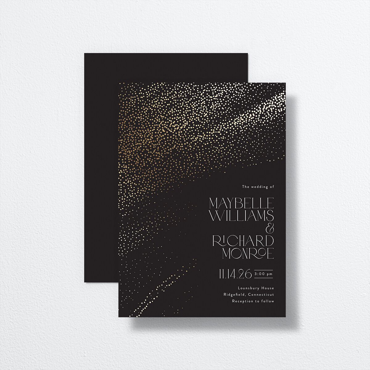 Sweeping Sparkles Wedding Invitations front-and-back in black