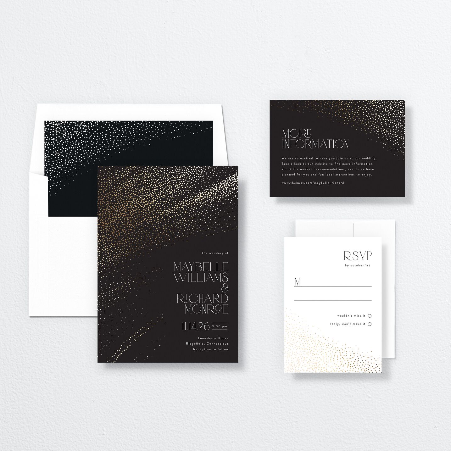 Sweeping Sparkles Wedding Invitations suite in black