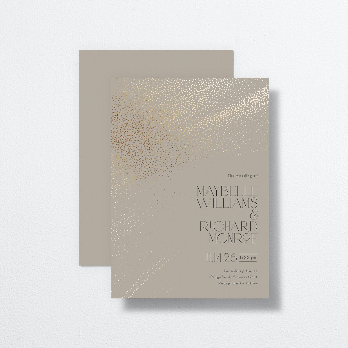 Sweeping Sparkles Wedding Invitations front-and-back in brown