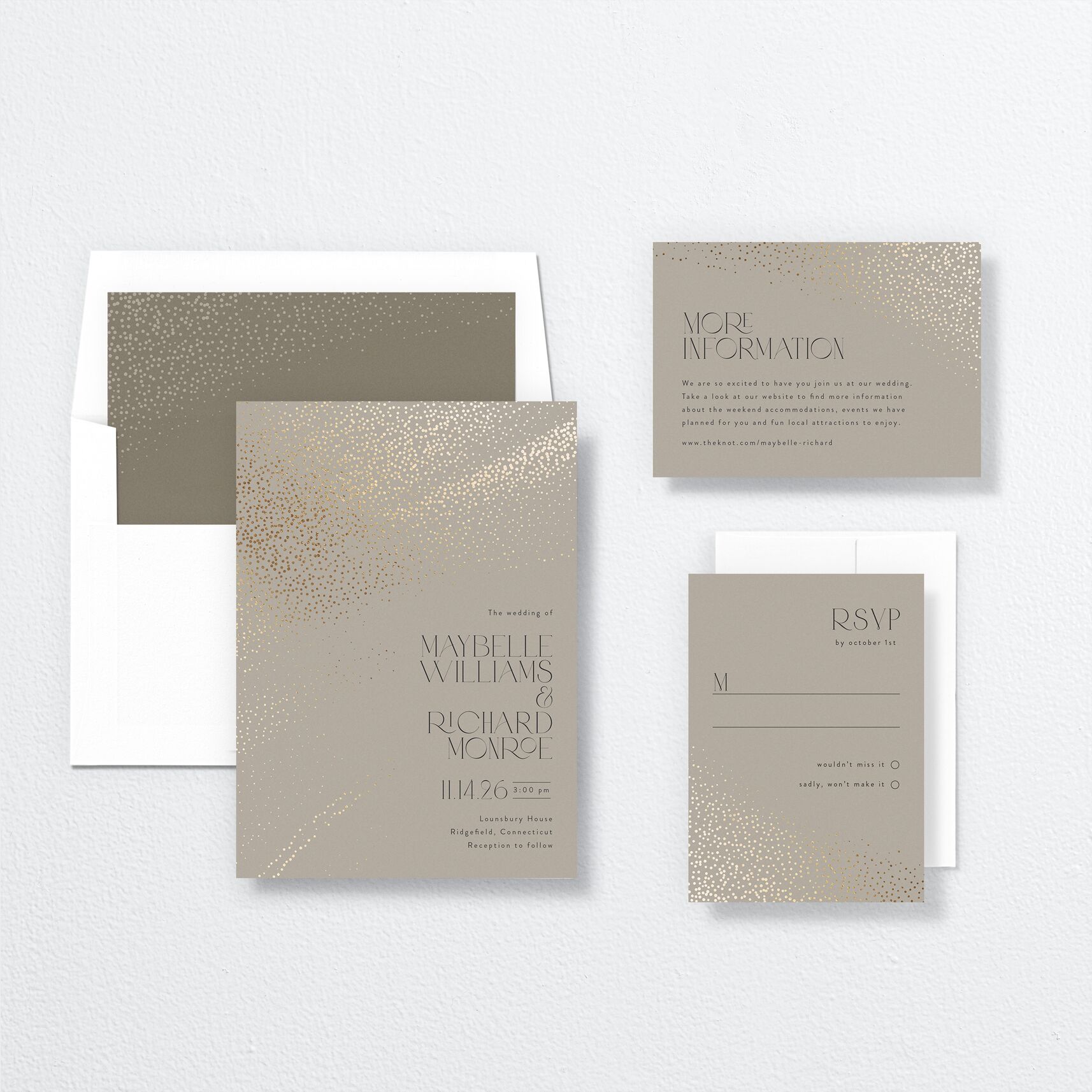 Sweeping Sparkles Wedding Invitations suite in brown