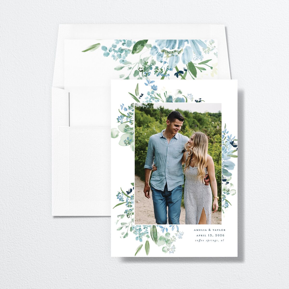 In Bloom Save The Date Cards Moody Blue Signature smooth No