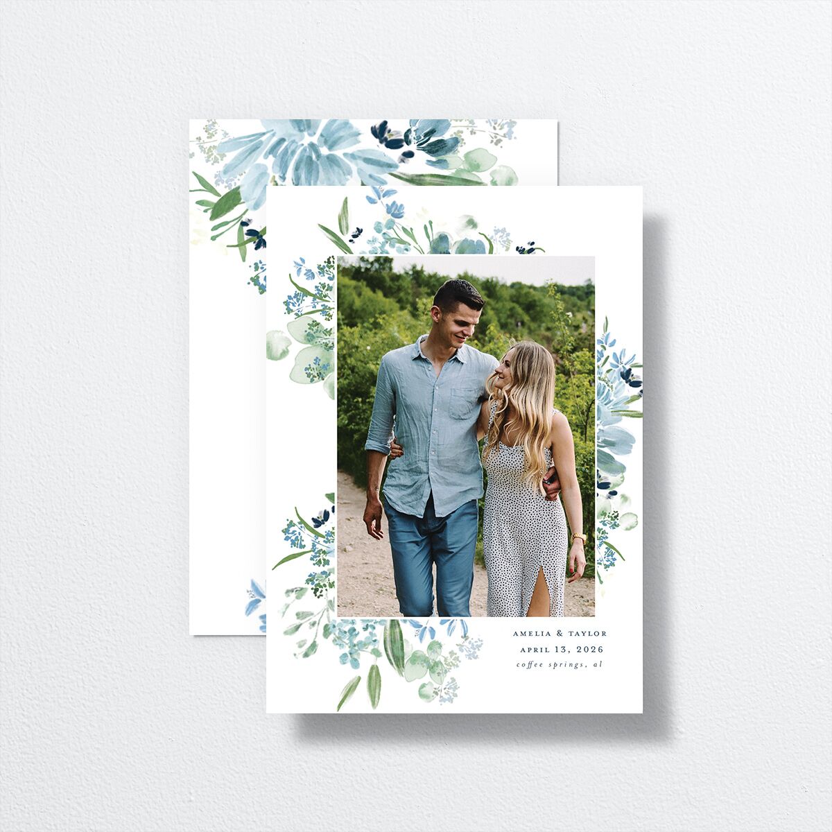 In Bloom Save The Date Cards Moody Blue Signature smooth No