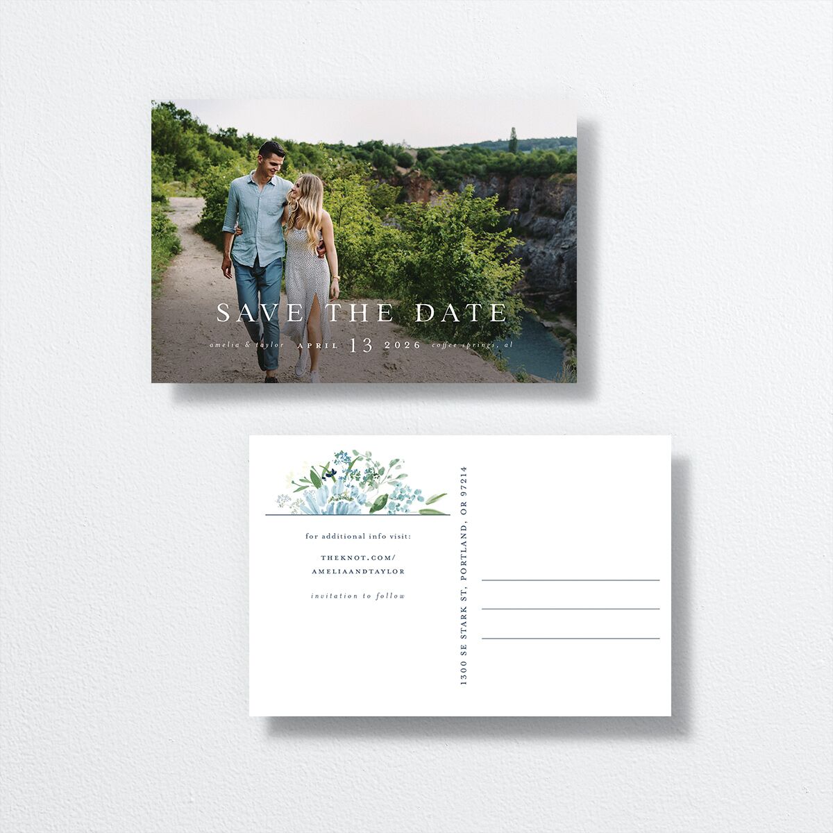In Bloom Save The Date Postcards front-and-back in Blue
