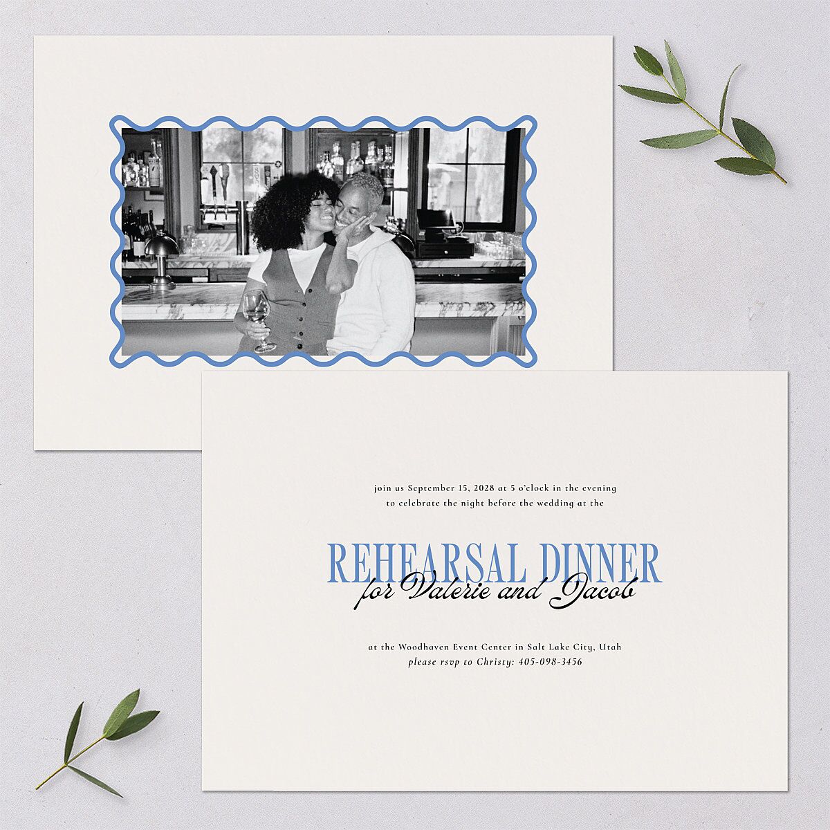 Wavy Frame Photo Rehearsal Dinner Invitations Sea Blue Signature Blank Standard