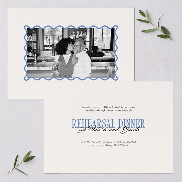 Wavy Frame Photo Rehearsal Dinner Invitations Sea Blue Signature Blank Standard