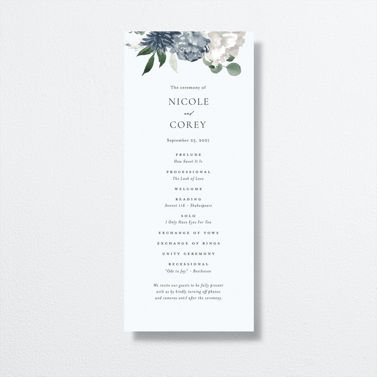 Timeless Bouquet Wedding Programs front in blue