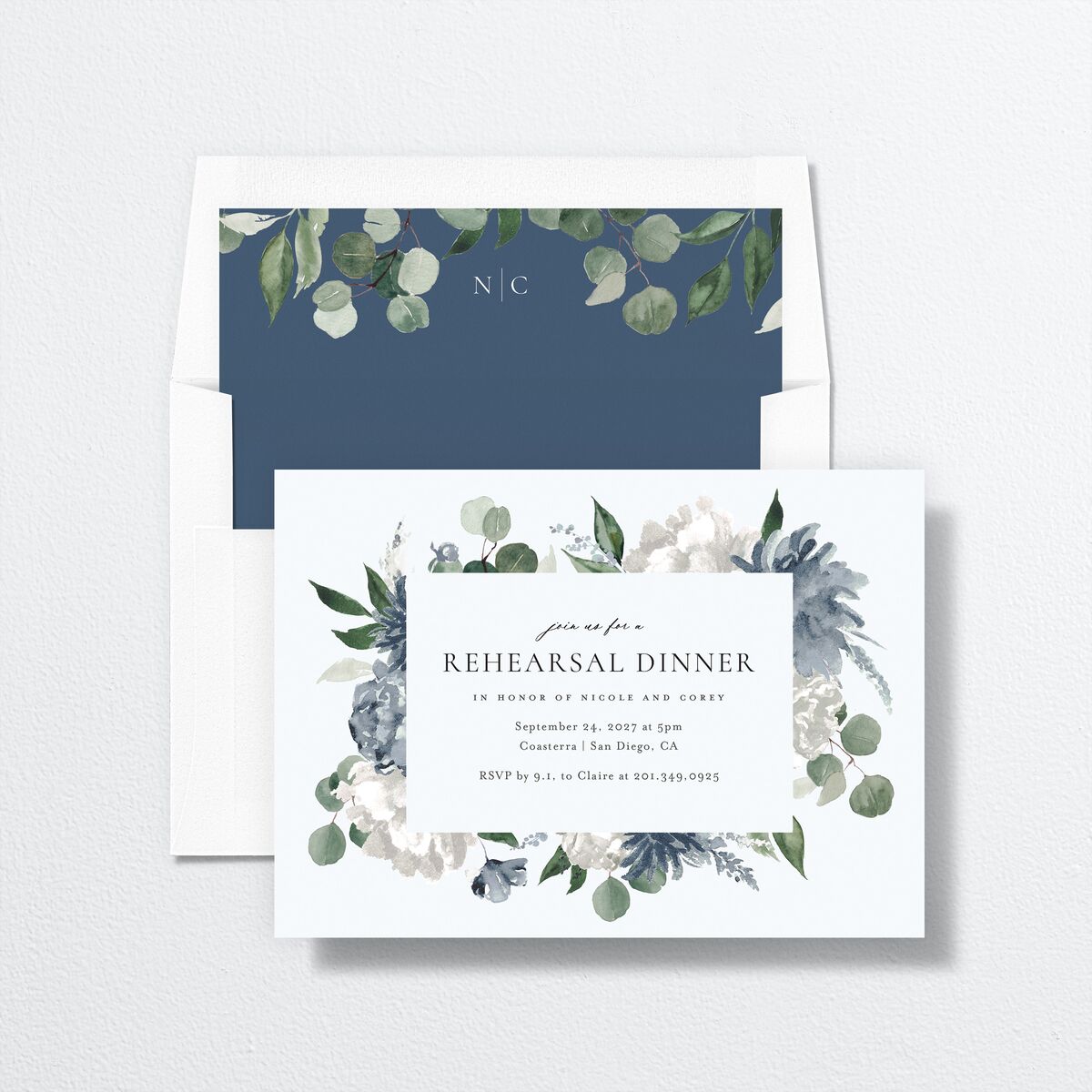 Timeless Bouquet Rehearsal Dinner Invitations Dusty Blue Signature Standard