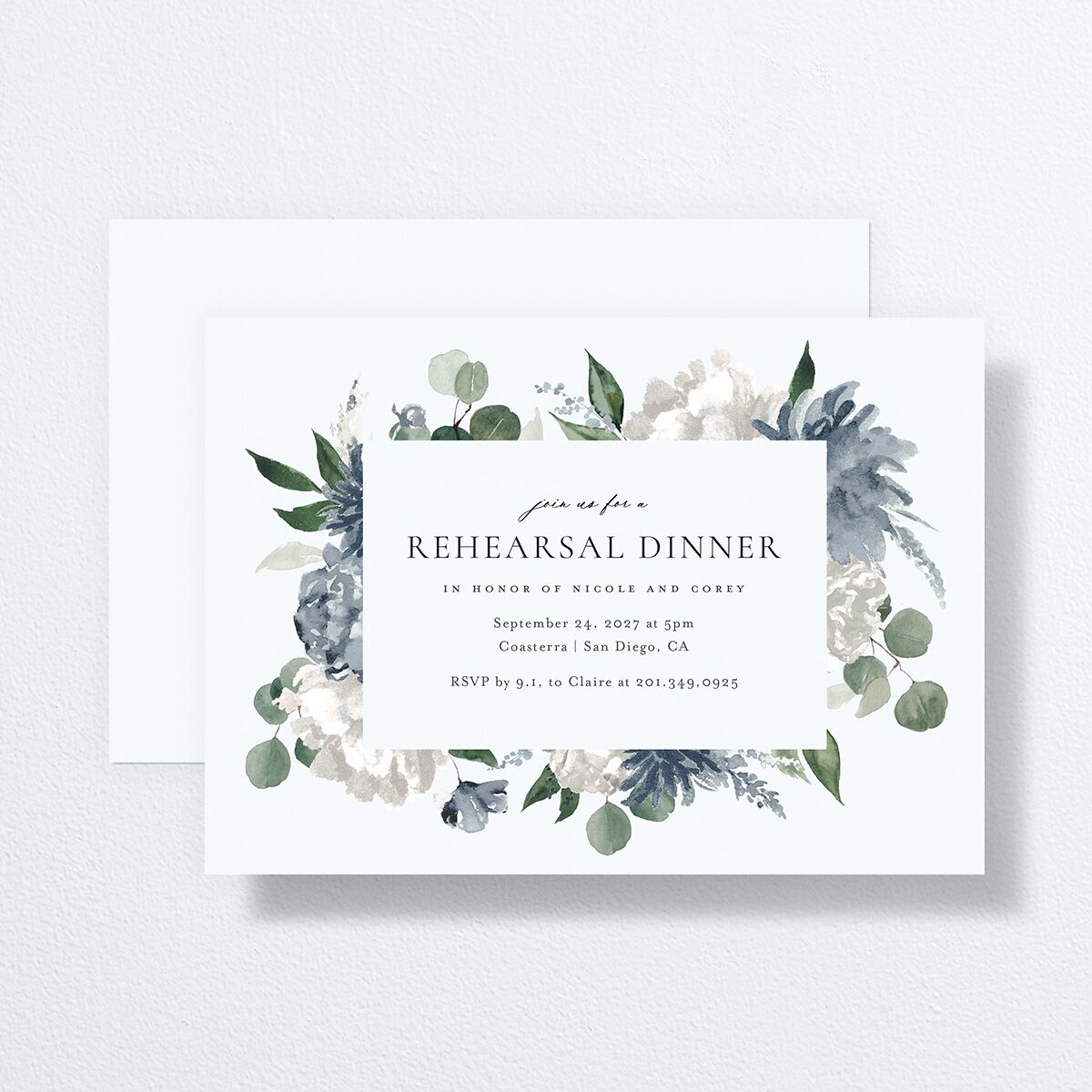 Timeless Bouquet Rehearsal Dinner Invitations Dusty Blue Signature Standard
