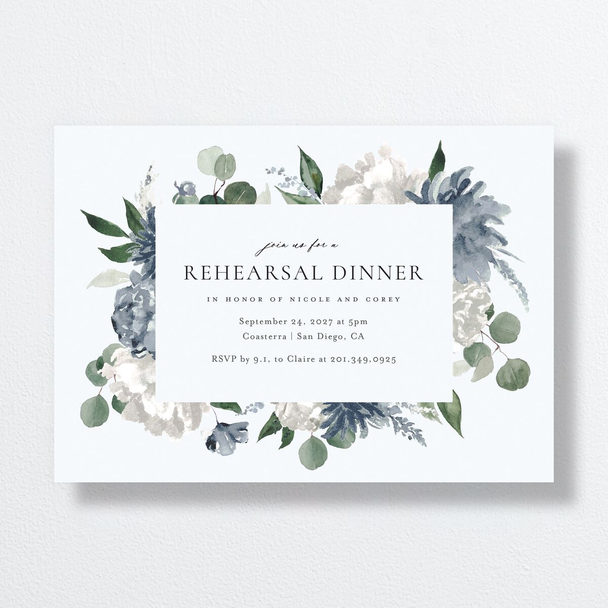 Timeless Bouquet Rehearsal Dinner Invitations Dusty Blue Signature Standard