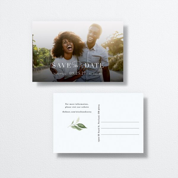 Timeless Bouquet Save the Date Postcards Dusty Blue