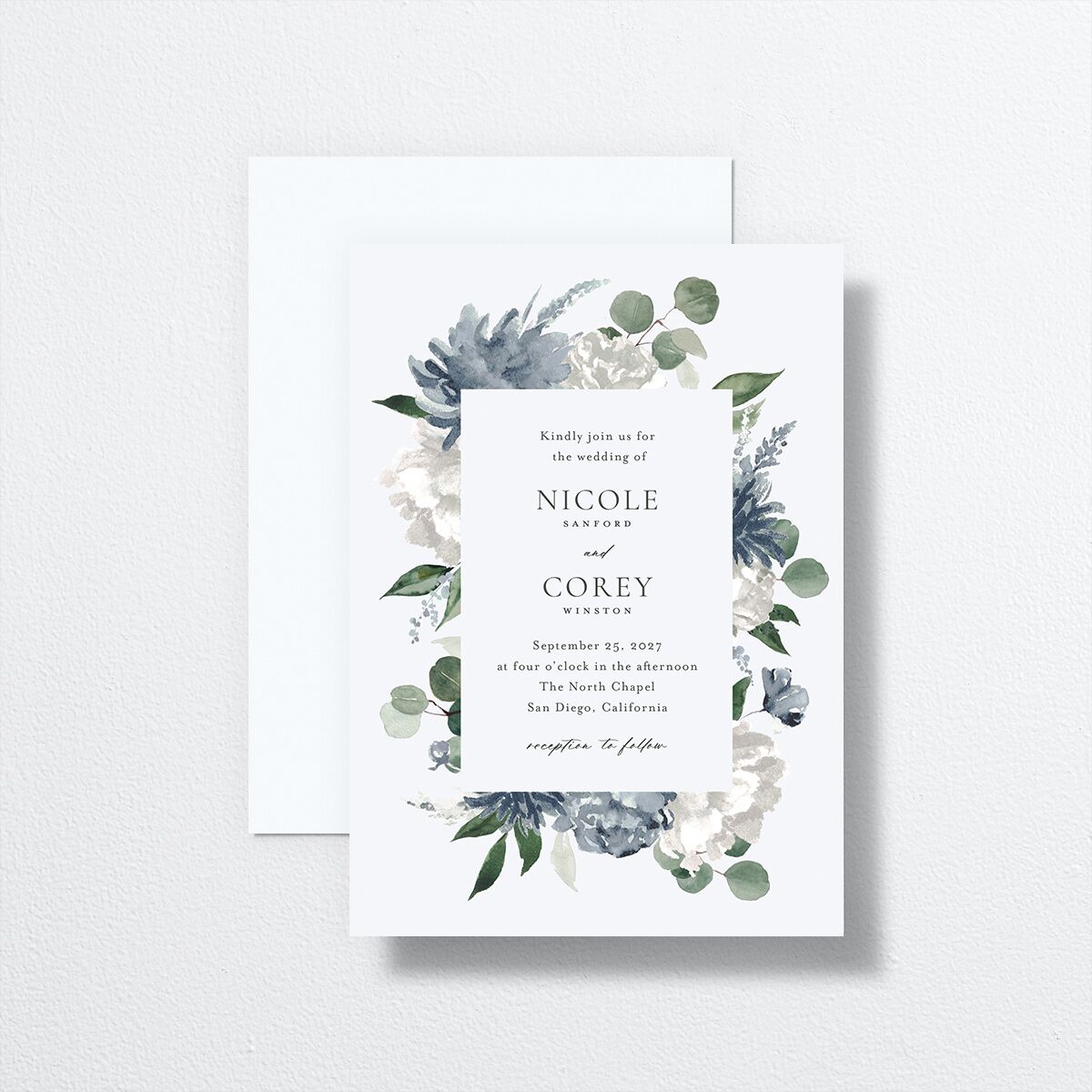 Timeless Bouquet Wedding Invitations front-and-back in blue