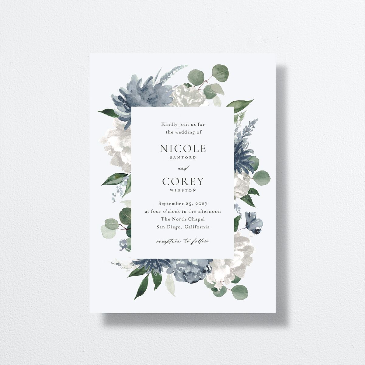 Timeless Bouquet Wedding Invitations front in blue