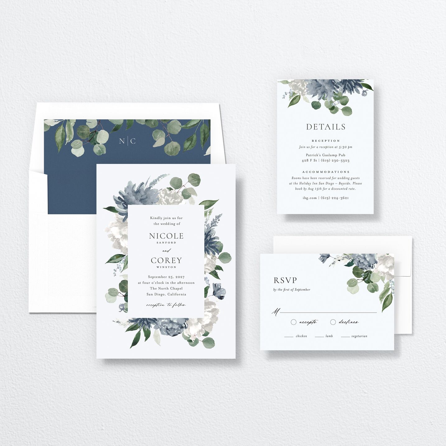 Timeless Bouquet Wedding Invitations suite in blue