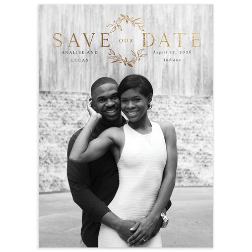 Monogram Leaves Save The Date Cards Gold Charcoal Signature smooth No