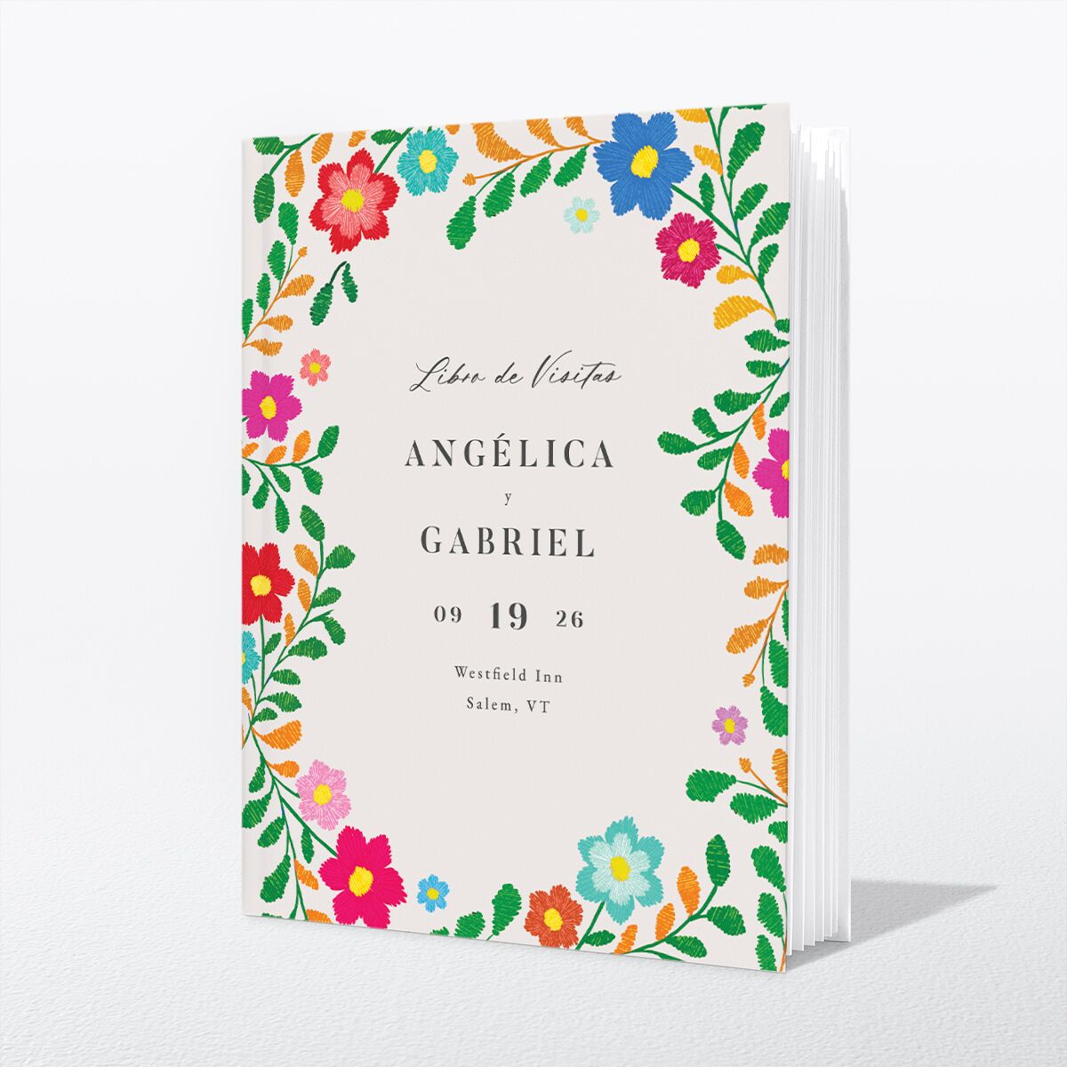 Bordados Florales Wedding Guest Book front in white