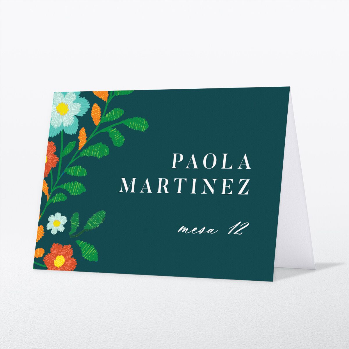 Bordados Florales Place Cards front in teal