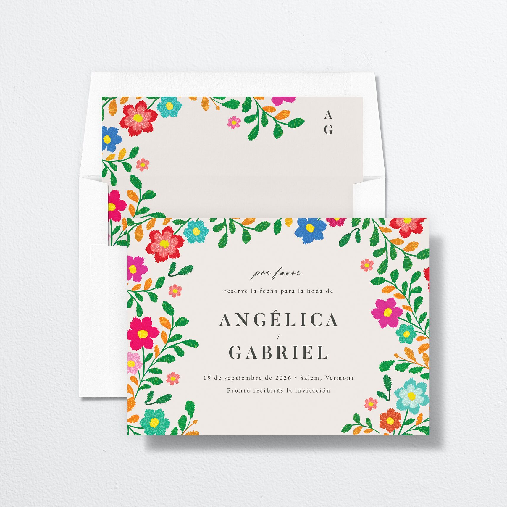 Bordados Florales Save The Date Cards envelope-and-liner in white