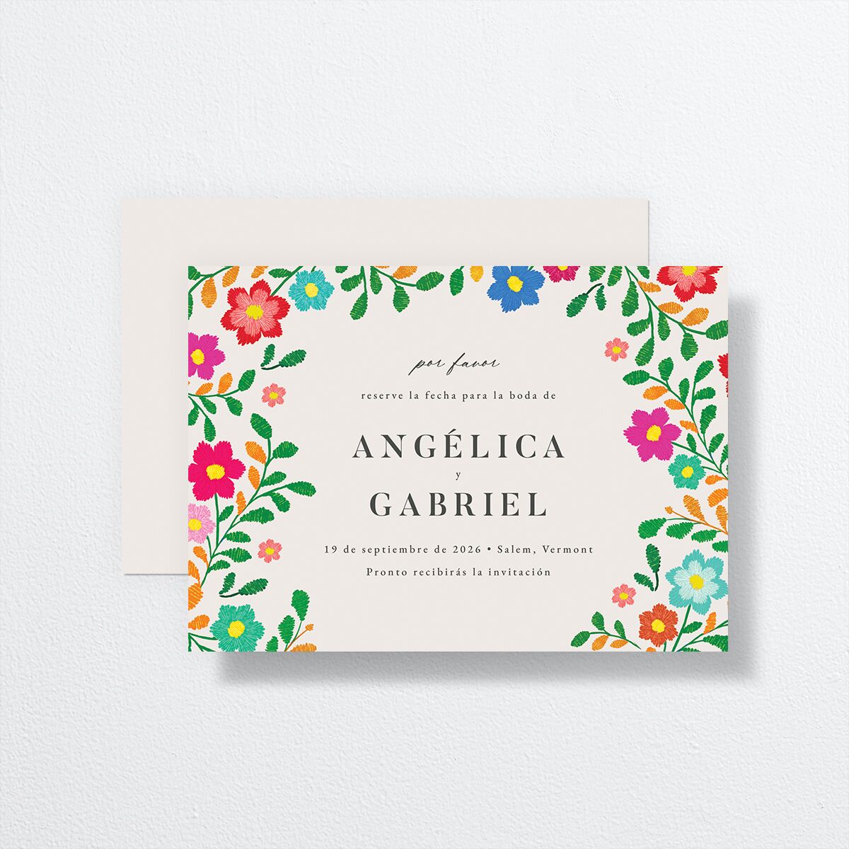 Bordados Florales Save The Date Cards front-and-back in white