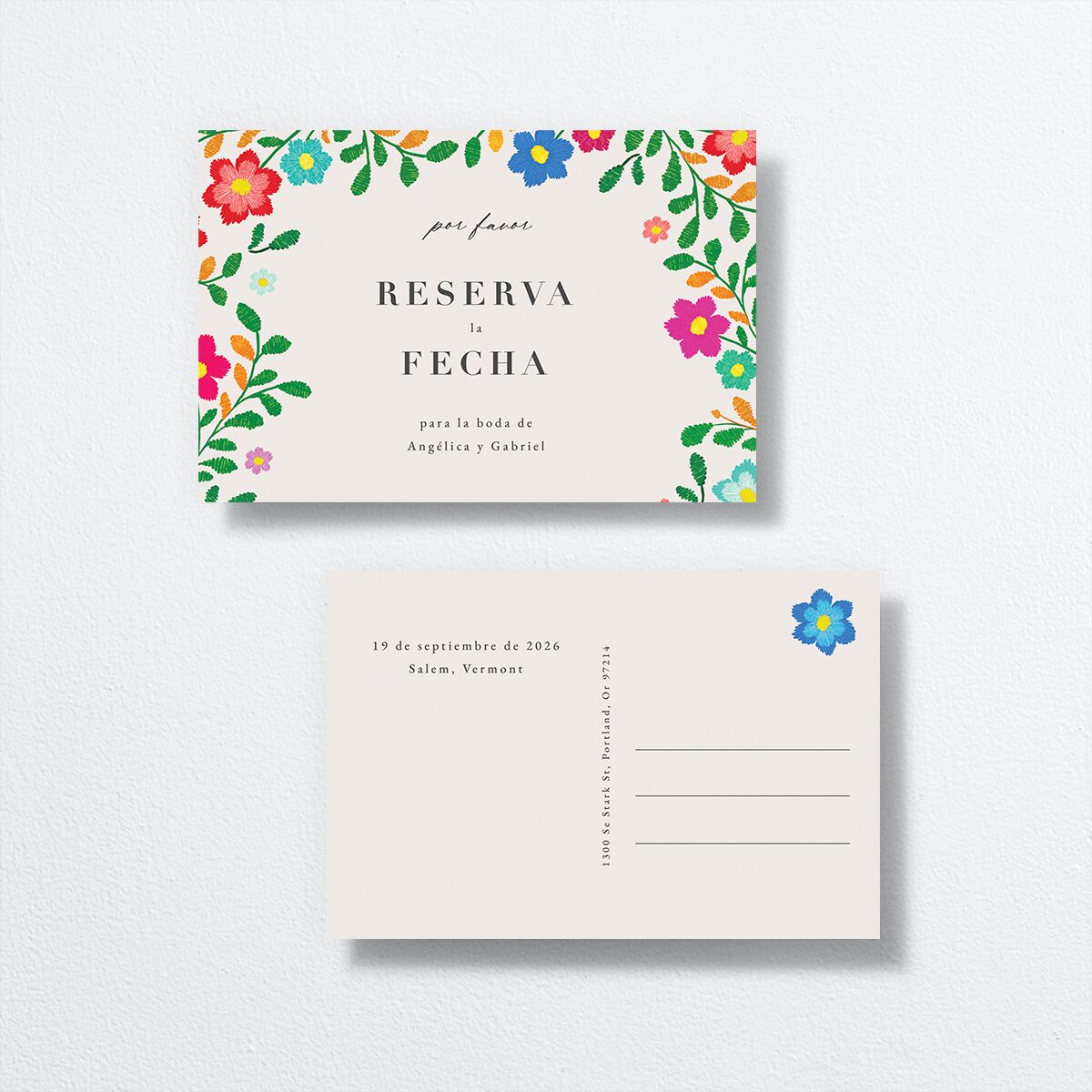 Bordados Florales Save The Date Postcards front-and-back