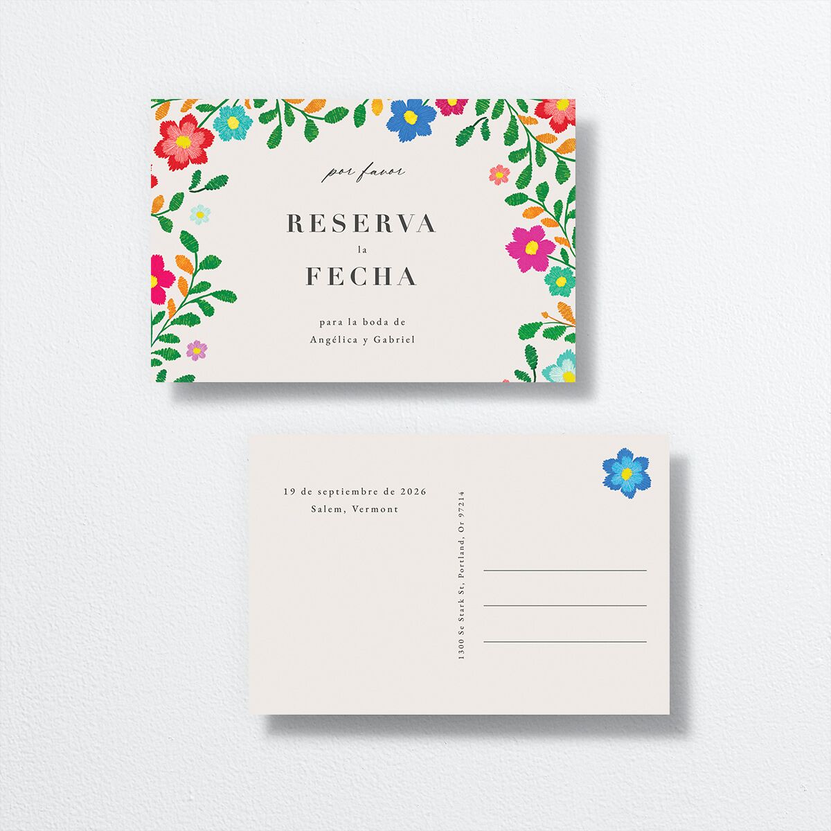 Bordados Florales Save The Date Postcards front-and-back in white