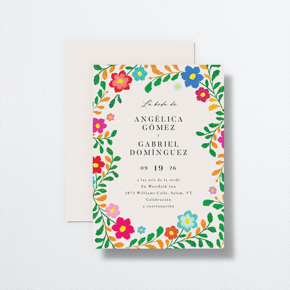 Bordados Florales Wedding Invitations front-and-back in white