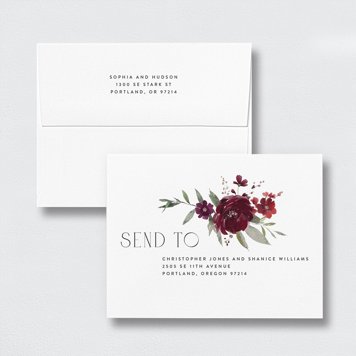 Beloved Union Thank You Card Envelopes White Standard Merlot Both Recipient and Return Addresses Signature