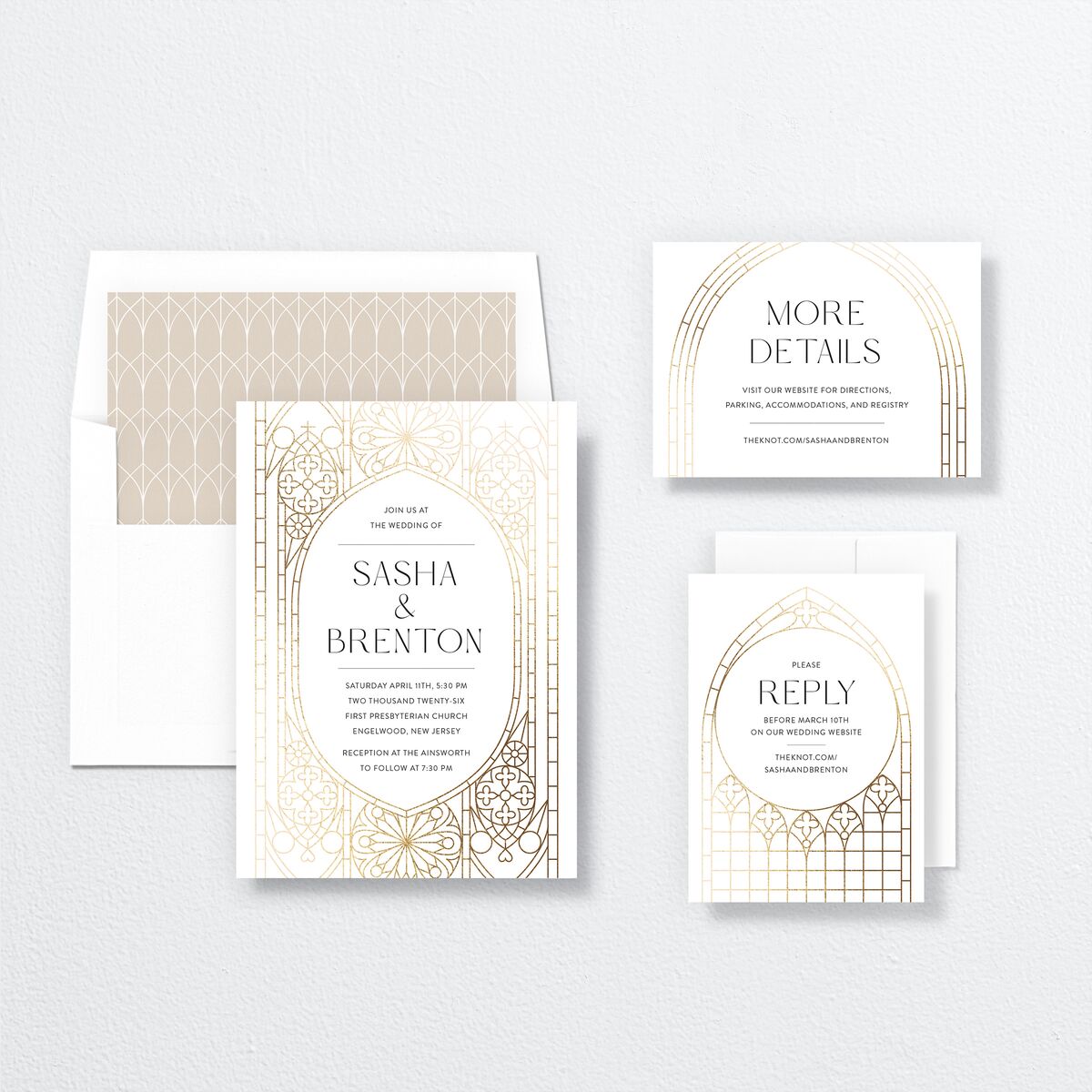Chapel Arch Wedding Invitations Gold Pure White Signature No