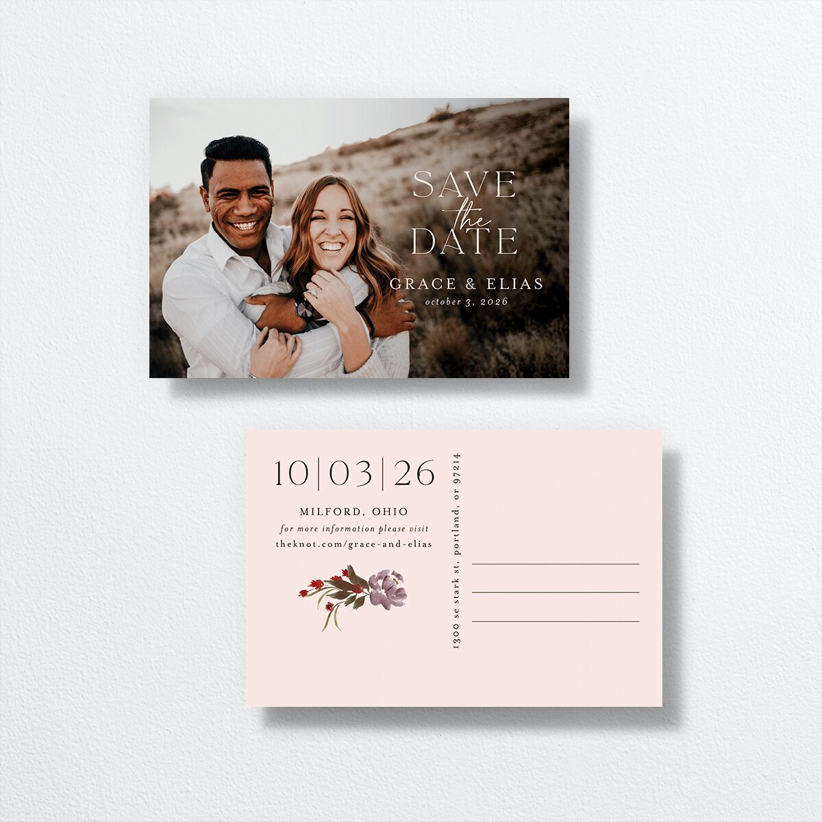 Autumn Romance Save The Date Postcards front-and-back in Brown
