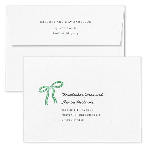 Striped Bow Photo Holiday Card Envelopes Blue Hunter Green Both Recipient and Return Addresses Standard Signature