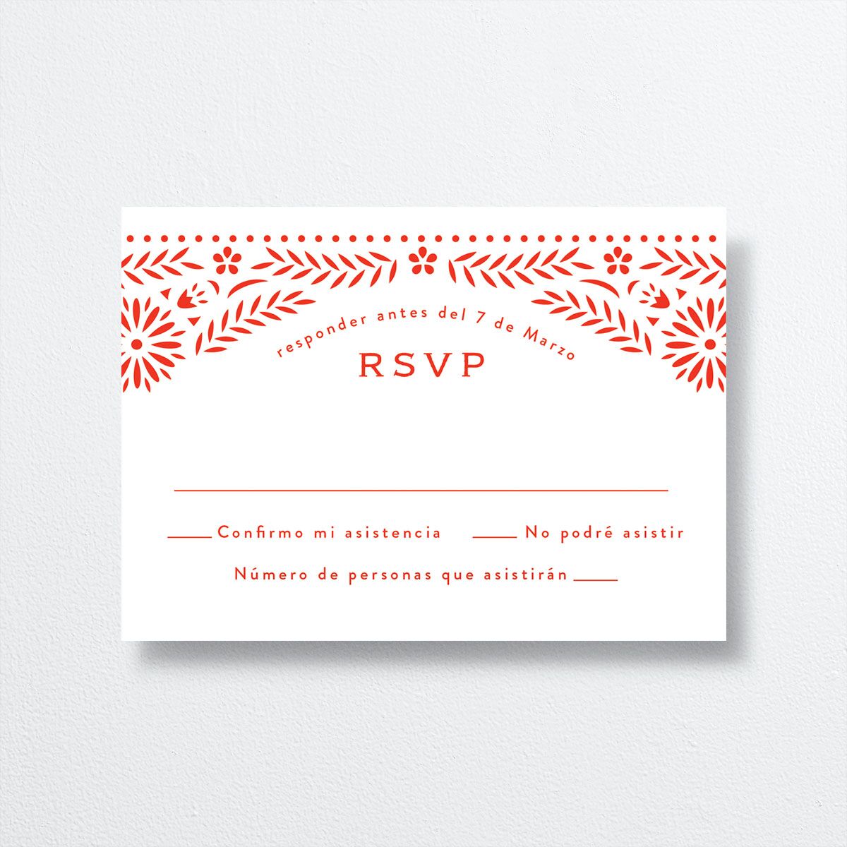 Papel Picado Wedding Response Cards front in red