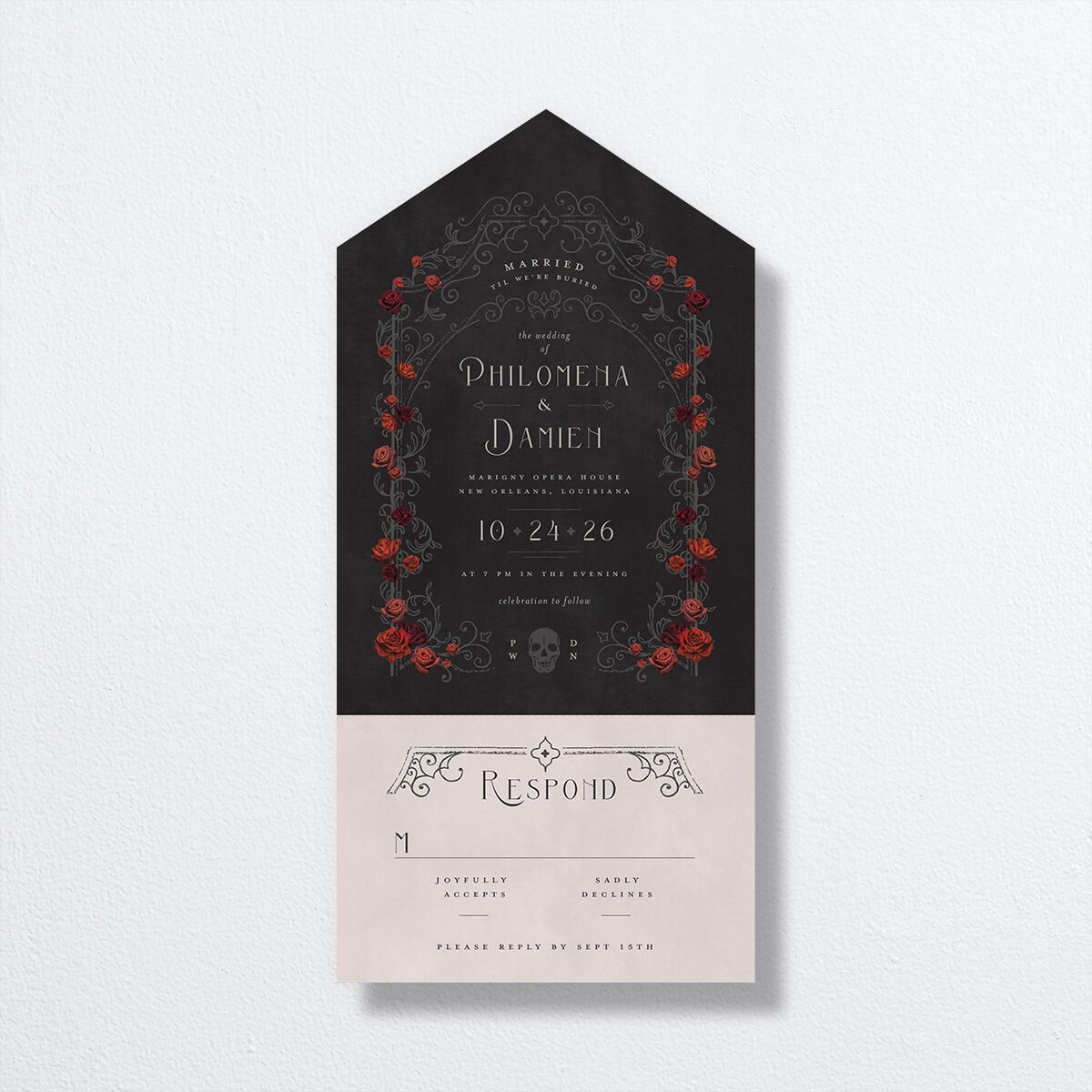 Gothic Gate All-in-One Wedding Invitations Licorice Signature Light Both Recipient and Return Addresses No