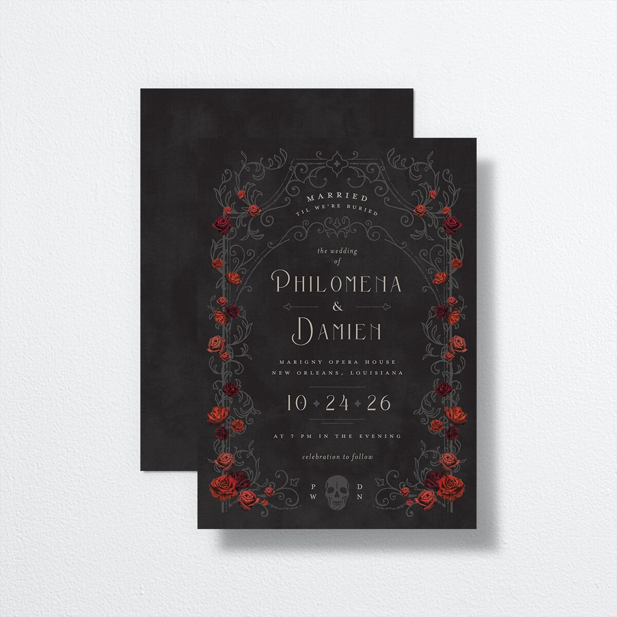 Gothic Gate Wedding Invitations front-and-back in black