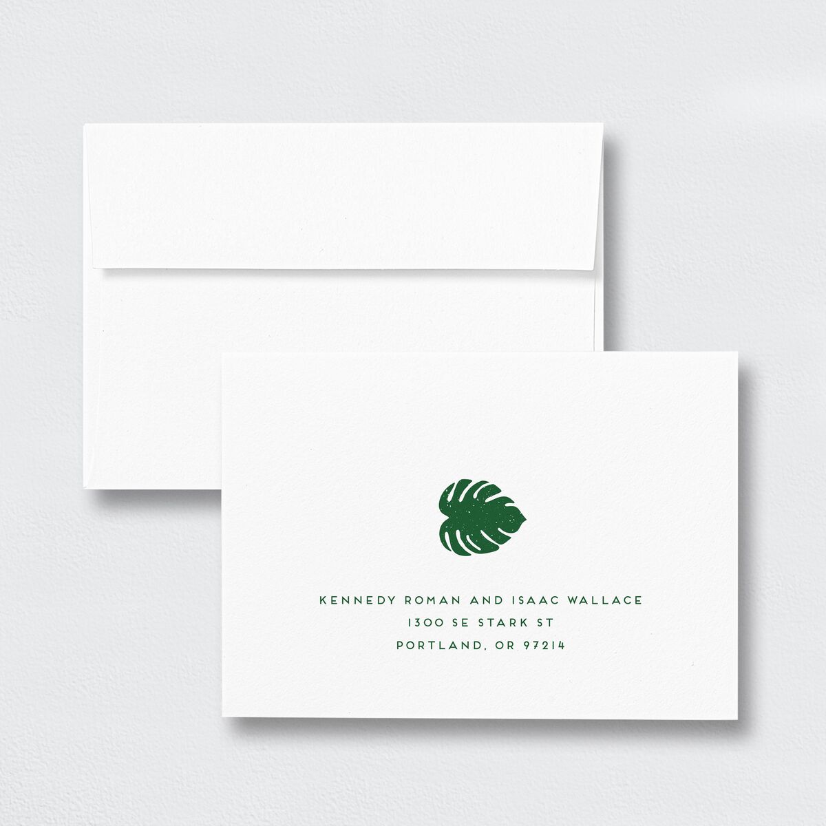 Eclectic Monstera Wedding Response Card Standard Envelopes White Jewel Green Return Address Signature Standard