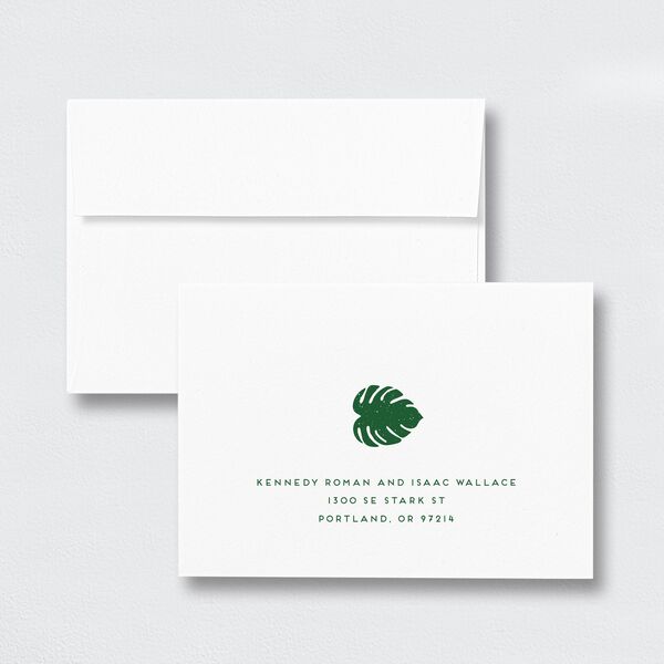 Eclectic Monstera Wedding Response Card Standard Envelopes White Jewel Green Return Address Signature Standard