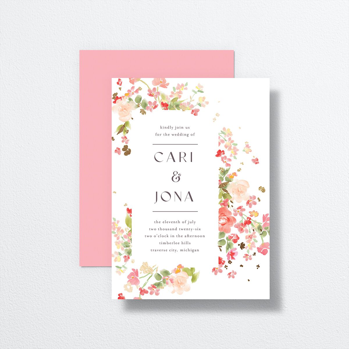Scattered Blossoms Wedding Invitations front-and-back in pink