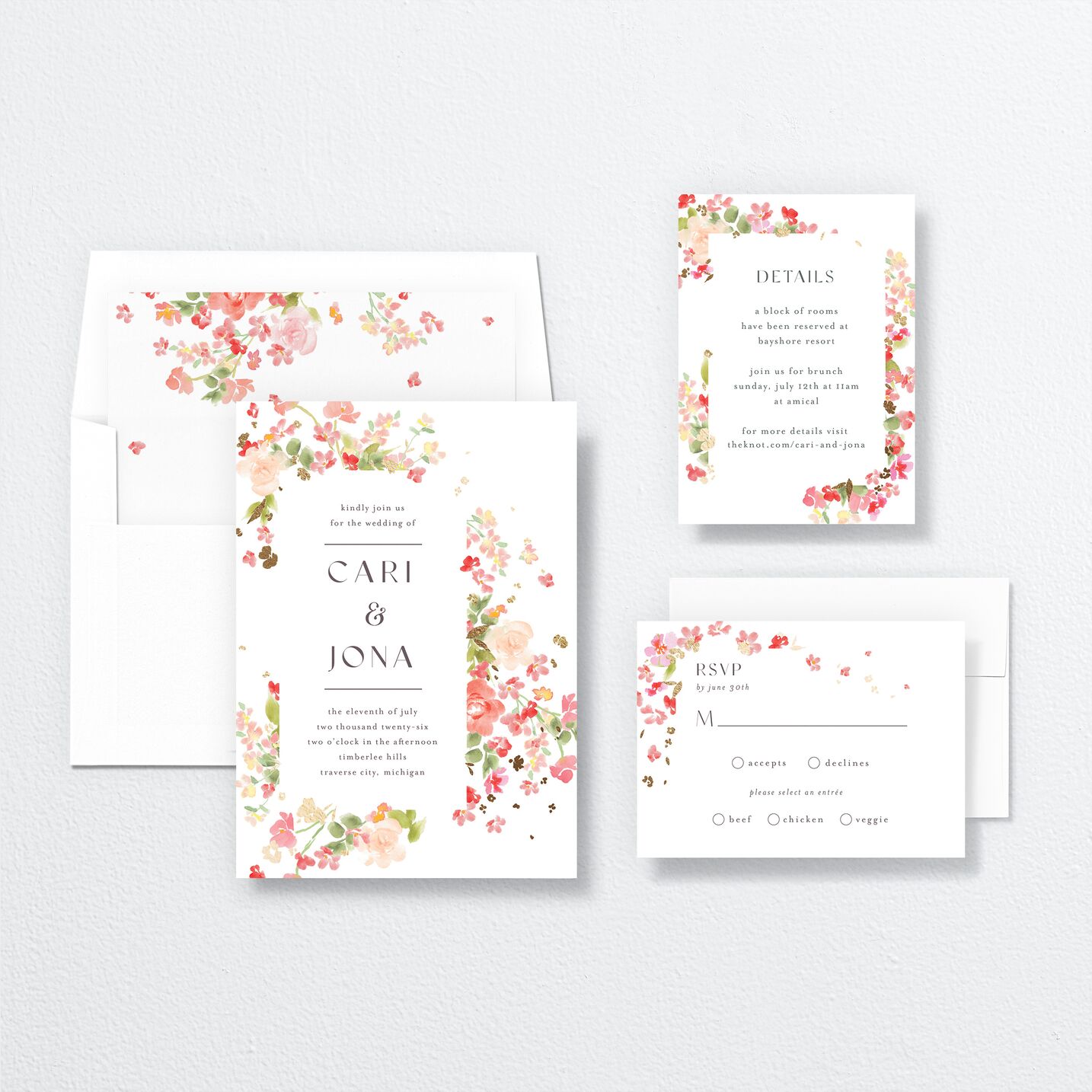 Scattered Blossoms Wedding Invitations suite in pink