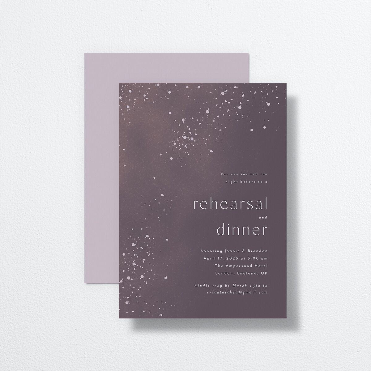 Shimmer Dust Rehearsal Dinner Invitations front-and-back in purple